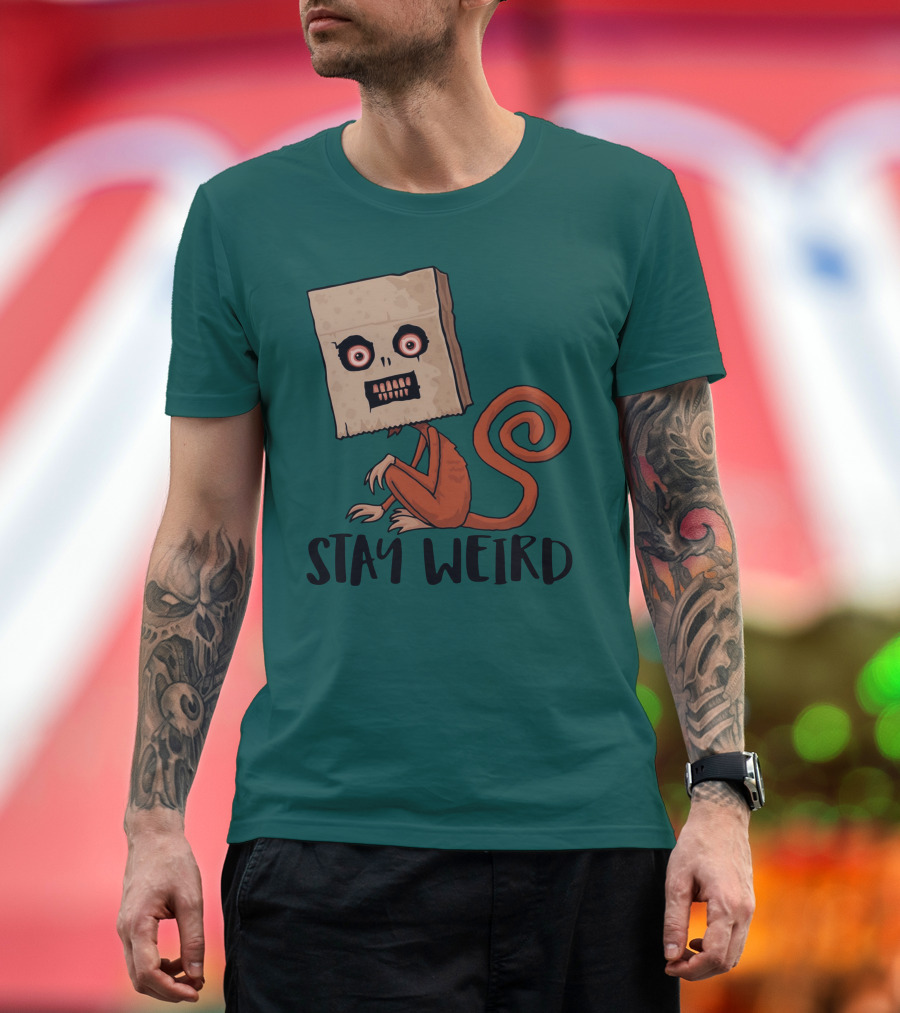 Stay Weird Sack Monkey Creepy Box Head Cartoon T-Shirt