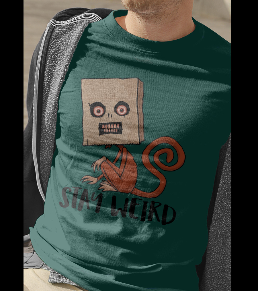 Stay Weird Sack Monkey Creepy Box Head Cartoon T-Shirt