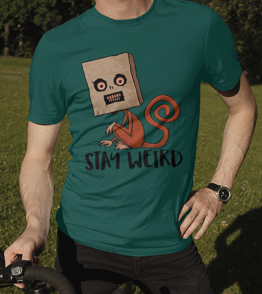 Stay Weird Sack Monkey Creepy Box Head Cartoon T-Shirt