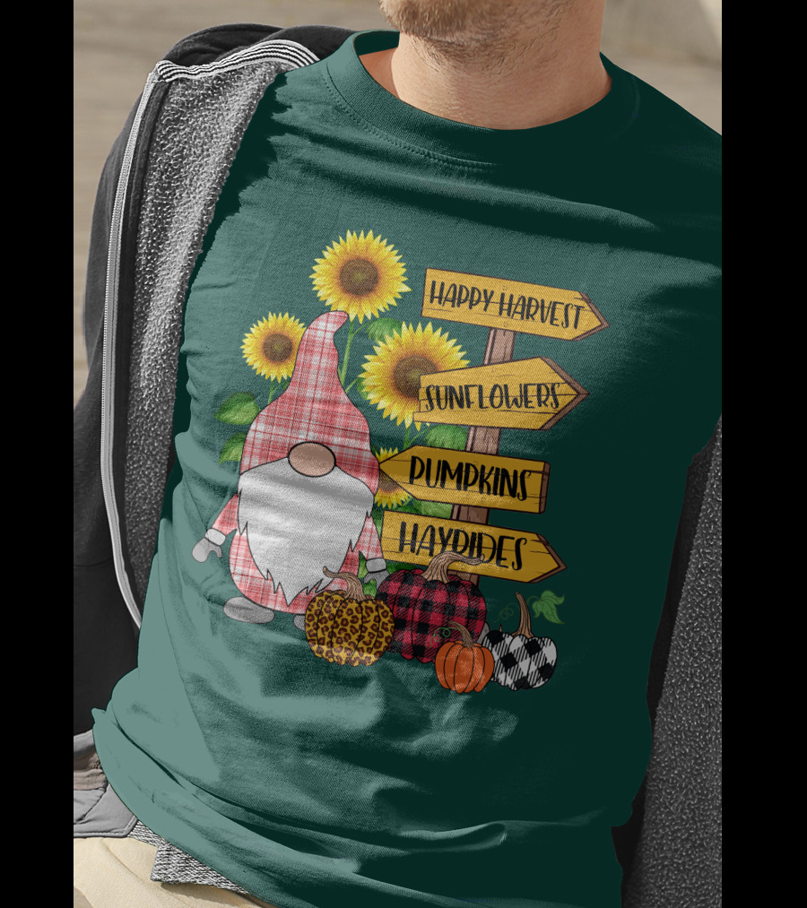 Happy Harvest Sunflowers Pumpkins Hayrides Gnome T-Shirt