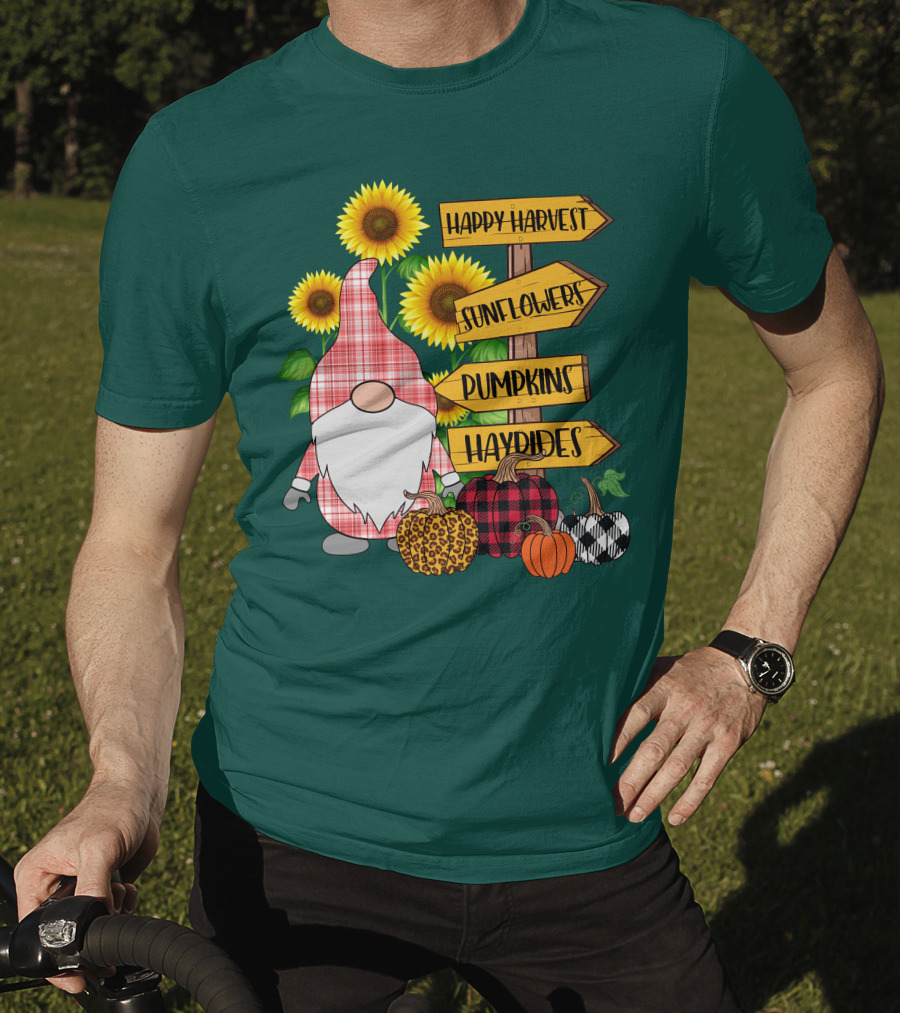 Happy Harvest Sunflowers Pumpkins Hayrides Gnome T-Shirt