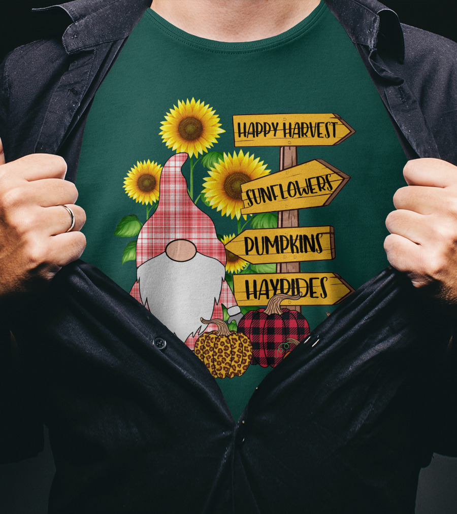 Happy Harvest Sunflowers Pumpkins Hayrides Gnome T-Shirt