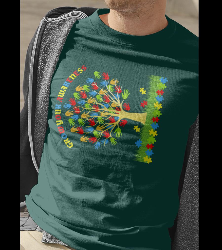 Grow Your Awareness Tree Of Colored Hands And Puzzle Pieces T-Shirt