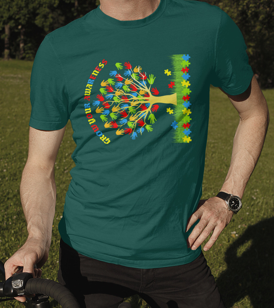 Grow Your Awareness Tree Of Colored Hands And Puzzle Pieces T-Shirt