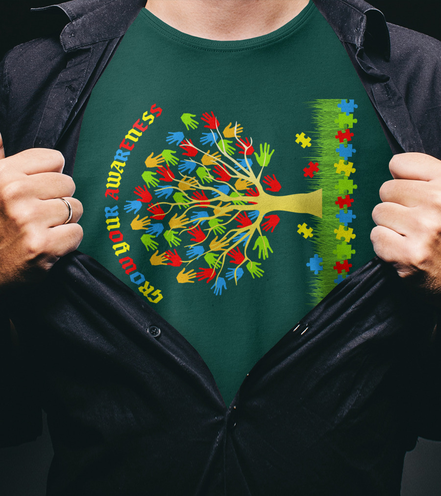 Grow Your Awareness Tree Of Colored Hands And Puzzle Pieces T-Shirt