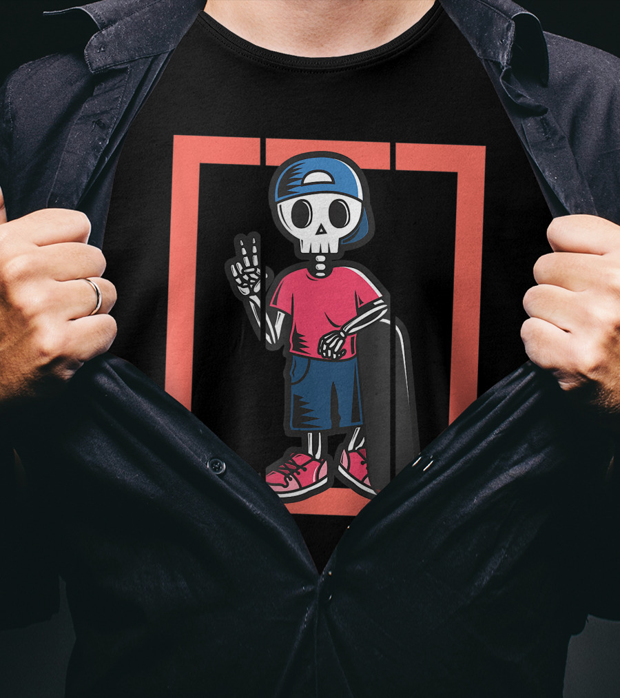 Scary Freaky Spooky Creepy Halloween Skeleton Skater Kid In Cap And Red Sneakers T-Shirt