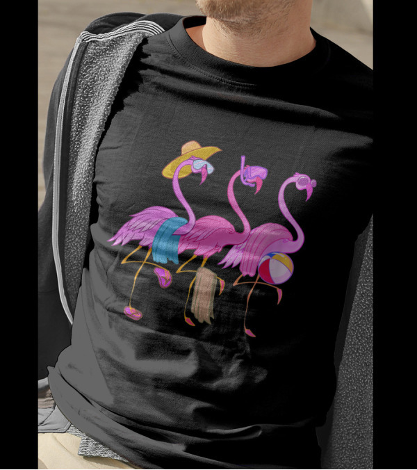 Funny Beach Flamingos Towels Cool Summer Bird Fan With Hat And Beach Ball T-Shirt