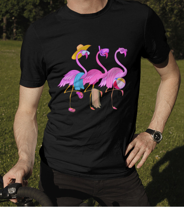 Funny Beach Flamingos Towels Cool Summer Bird Fan With Hat And Beach Ball T-Shirt