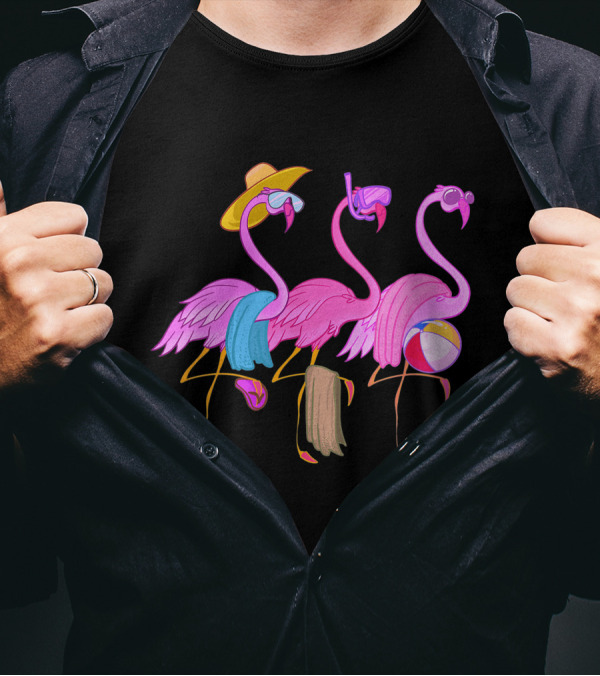 Funny Beach Flamingos Towels Cool Summer Bird Fan With Hat And Beach Ball T-Shirt