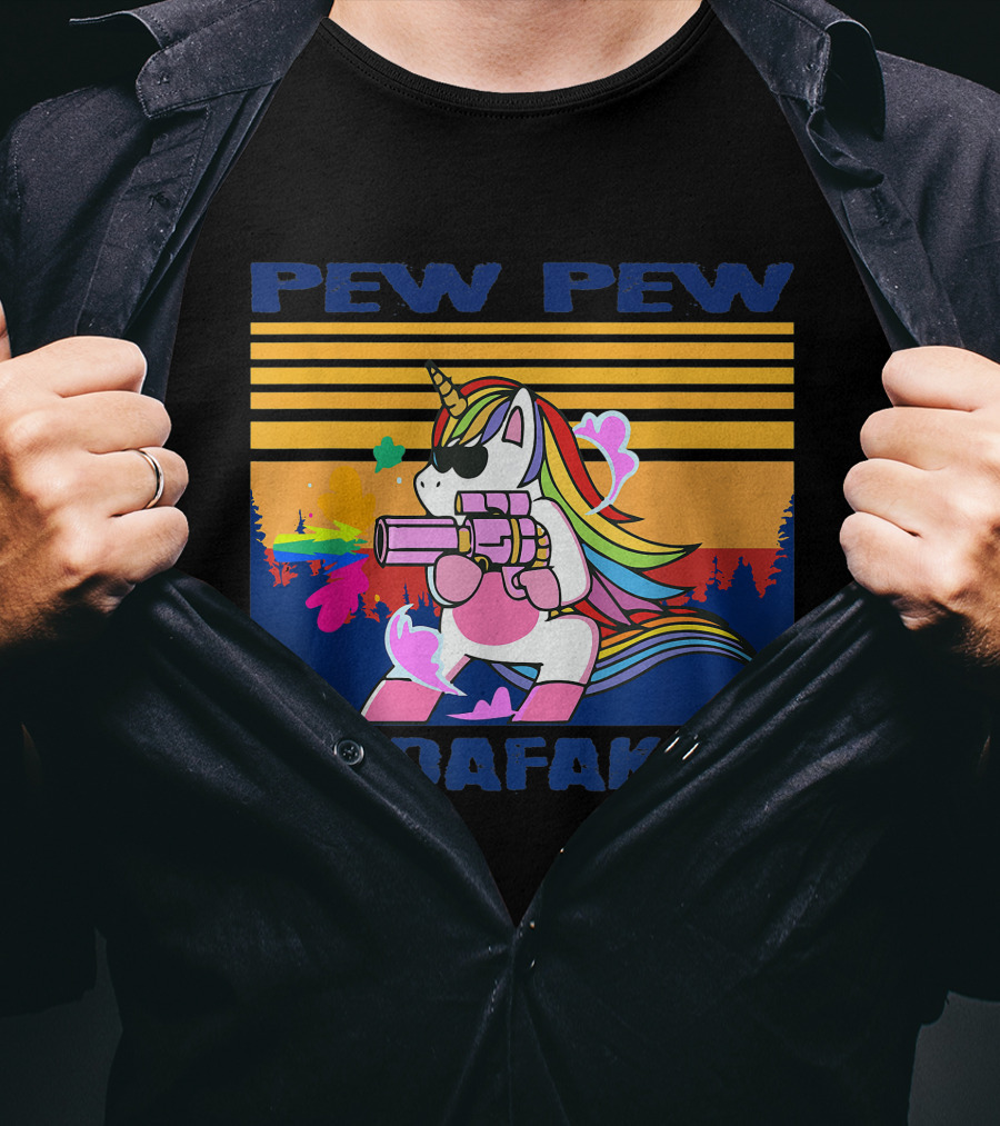 Pew Pew Madafakas Funny Unicorn With Rainbow Gun And Sunglasses T-Shirt