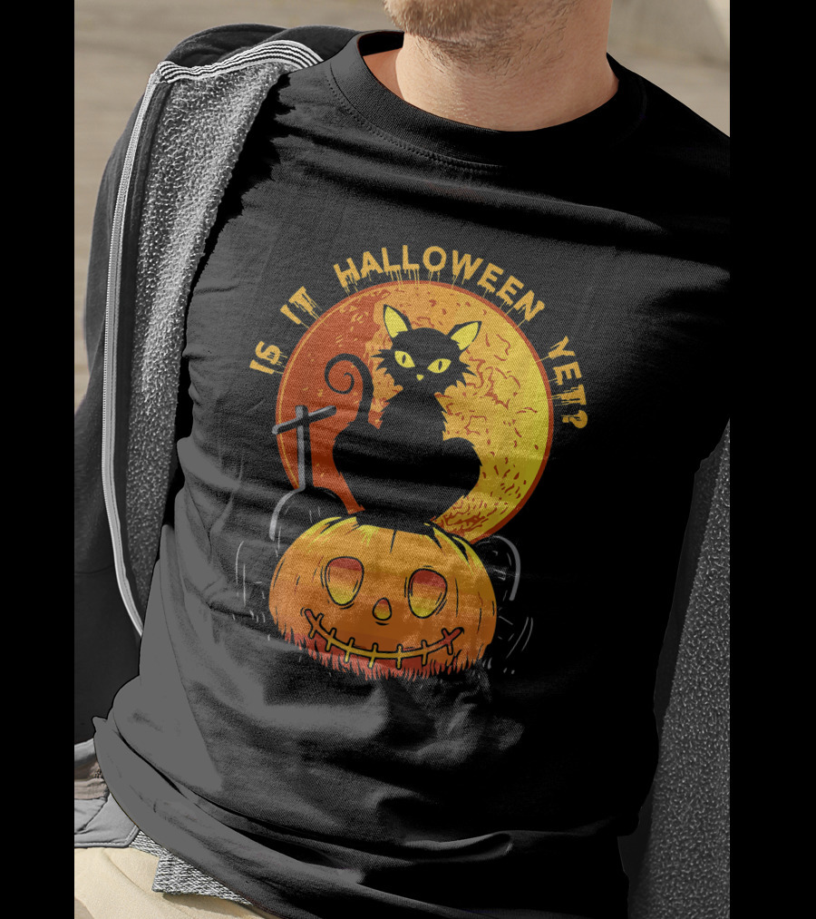 Is It Halloween Yet Funny Cat Pumpkin With Full Moon And Witch's Broom T-Shirt