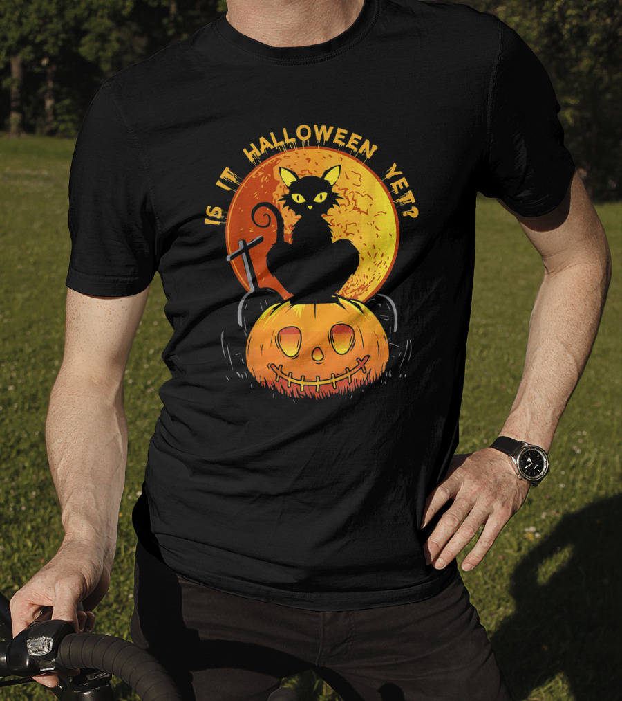 Is It Halloween Yet Funny Cat Pumpkin With Full Moon And Witch's Broom T-Shirt