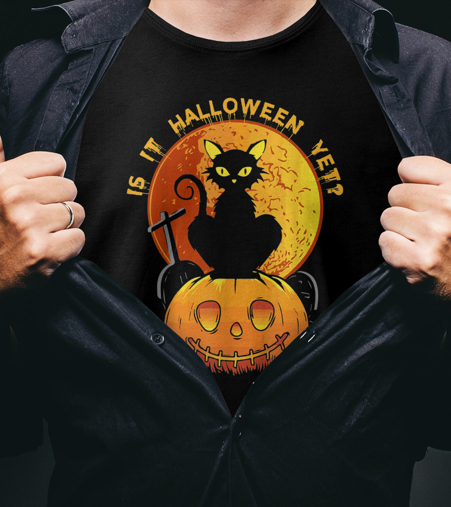 Is It Halloween Yet Funny Cat Pumpkin With Full Moon And Witch's Broom T-Shirt