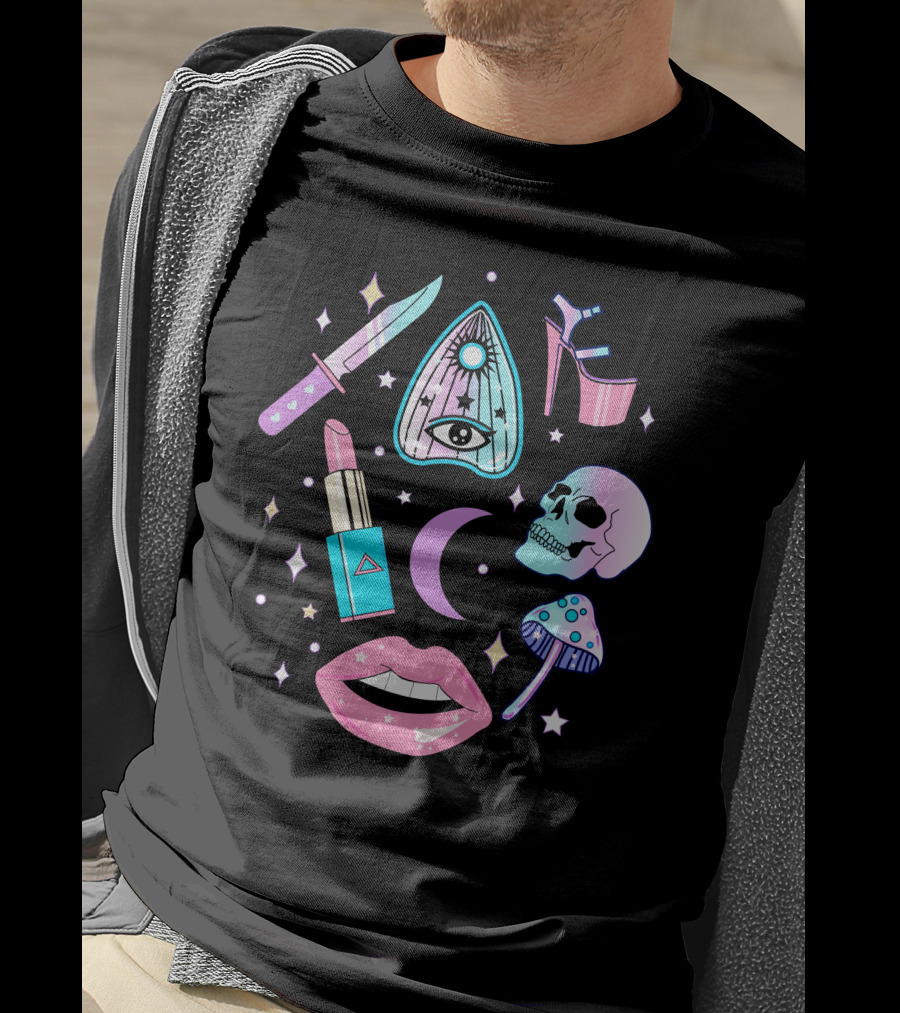 Pastel Goth Kawaii Witch Creepy Knife Skull Lipstick Moon Stars Mushroom Heels Ouija T-Shirt