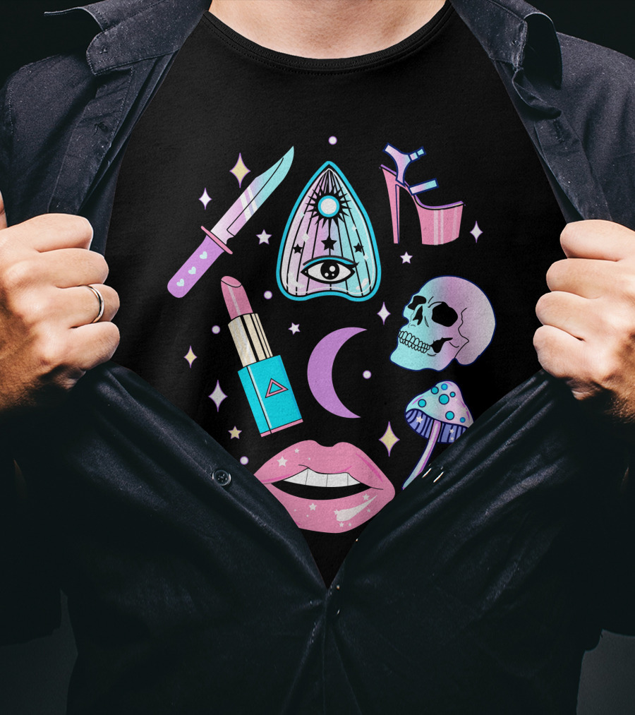 Pastel Goth Kawaii Witch Creepy Knife Skull Lipstick Moon Stars Mushroom Heels Ouija T-Shirt