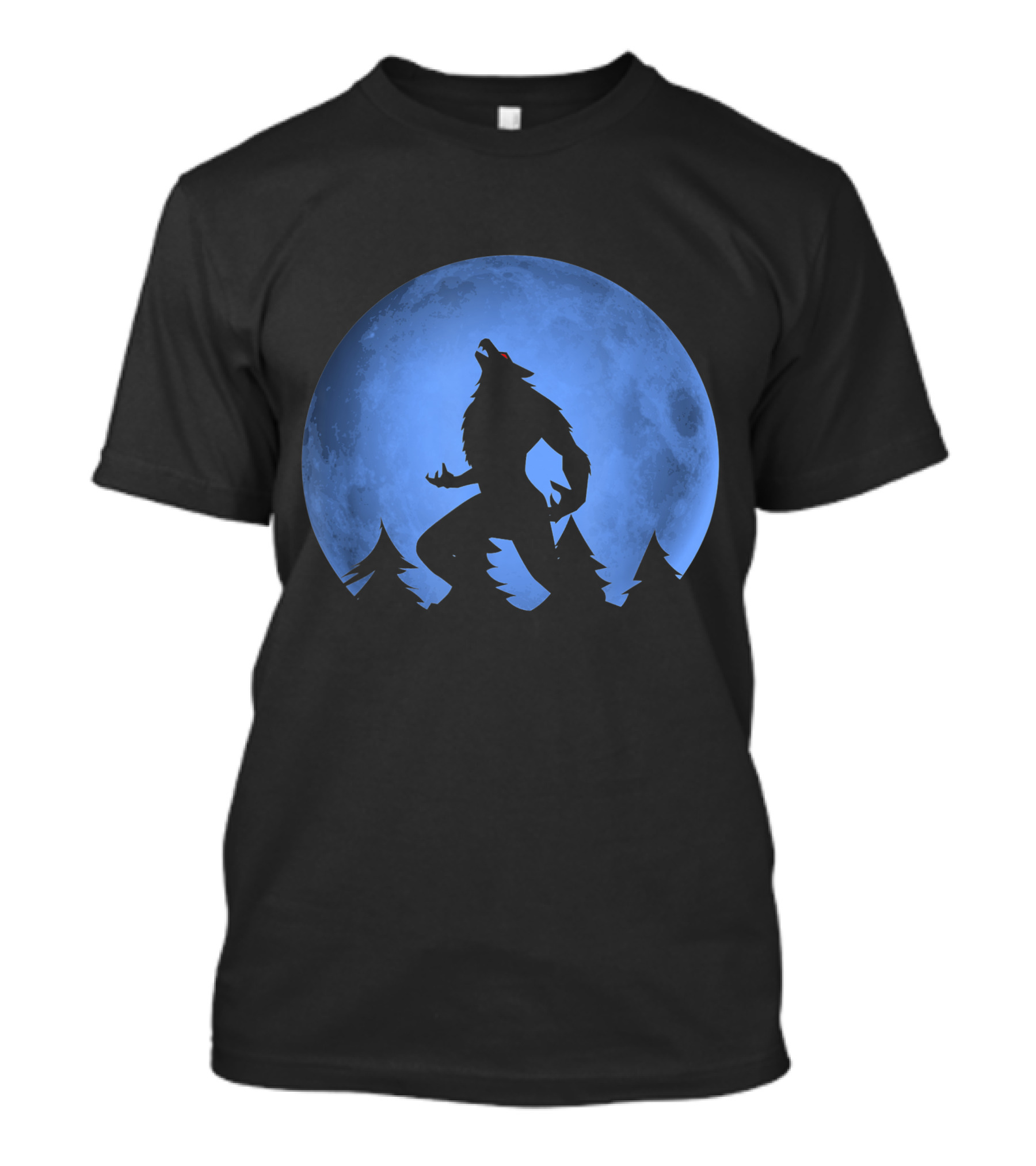 Werewolf Silhouette Howling At Full Blue Moon With Forest Background T-Shirt