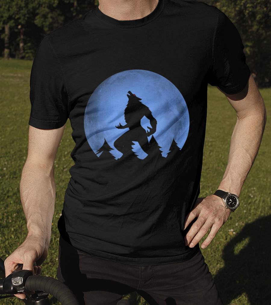 Werewolf Silhouette Howling At Full Blue Moon With Forest Background T-Shirt