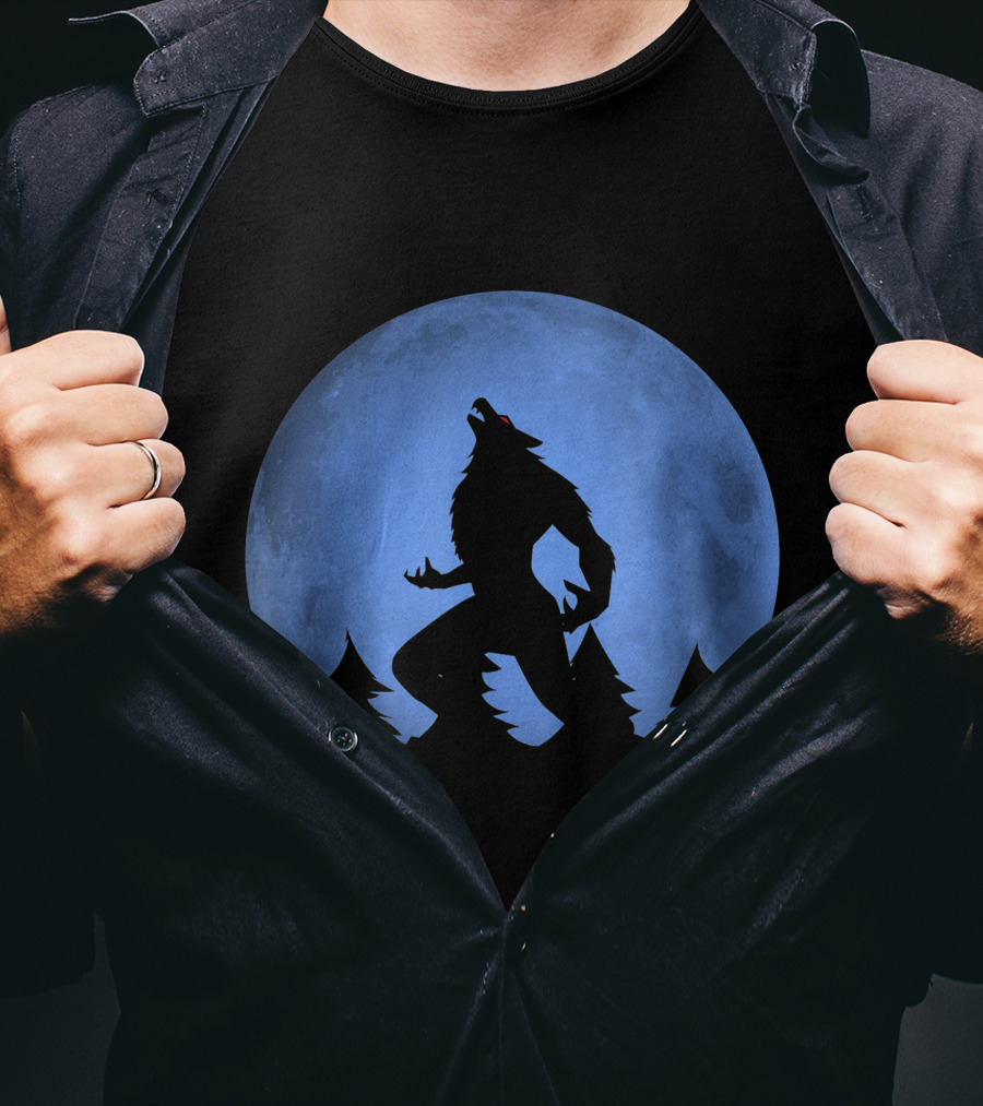 Werewolf Silhouette Howling At Full Blue Moon With Forest Background T-Shirt