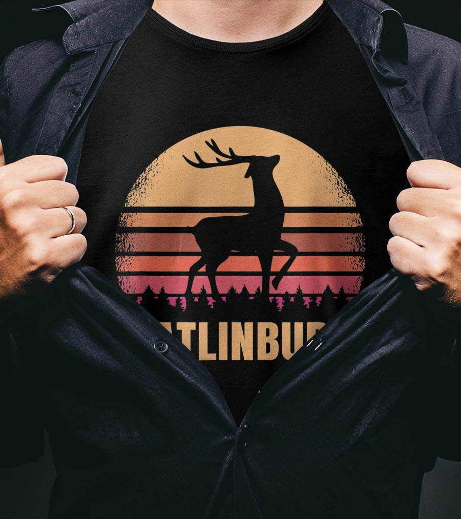 Gatlinburg Tennessee Vintage Deer Silhouette With Distressed Sunset Background T-Shirt