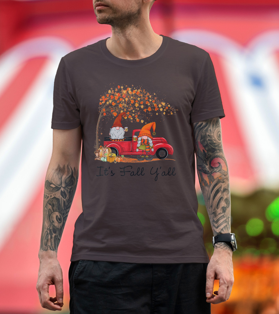 It's Fall Y'all Cute Gnomes Pumpkin Autumn Tree Fall Leaves Red Truck T-Shirt
