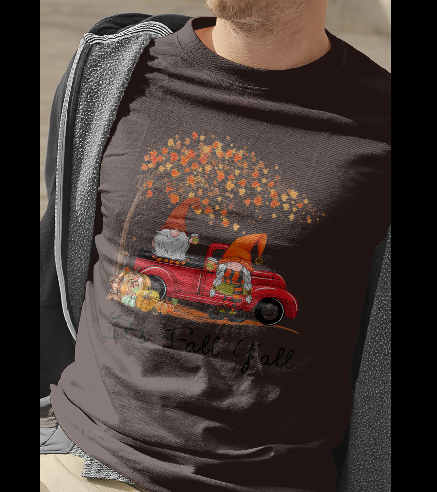 It's Fall Y'all Cute Gnomes Pumpkin Autumn Tree Fall Leaves Red Truck T-Shirt
