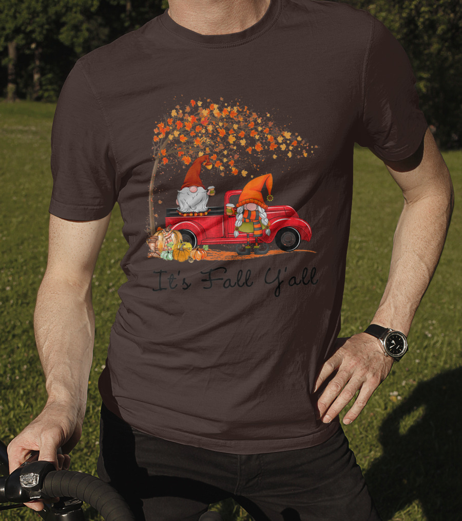 It's Fall Y'all Cute Gnomes Pumpkin Autumn Tree Fall Leaves Red Truck T-Shirt