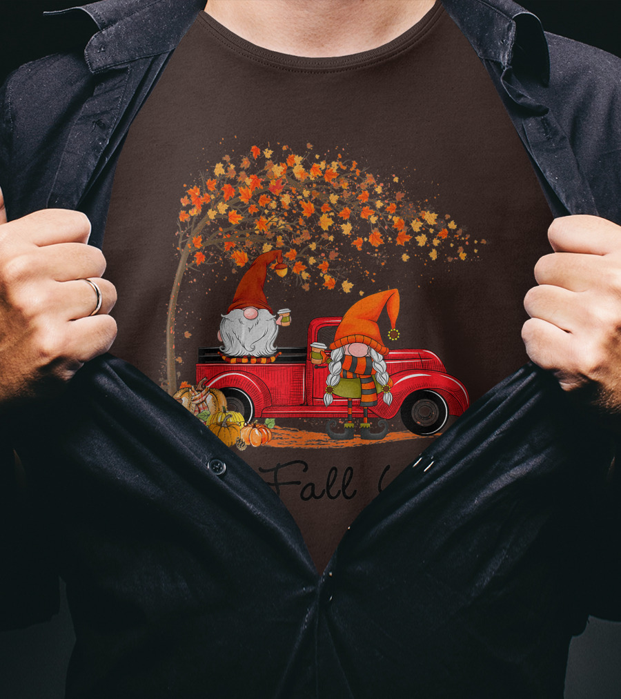 It's Fall Y'all Cute Gnomes Pumpkin Autumn Tree Fall Leaves Red Truck T-Shirt