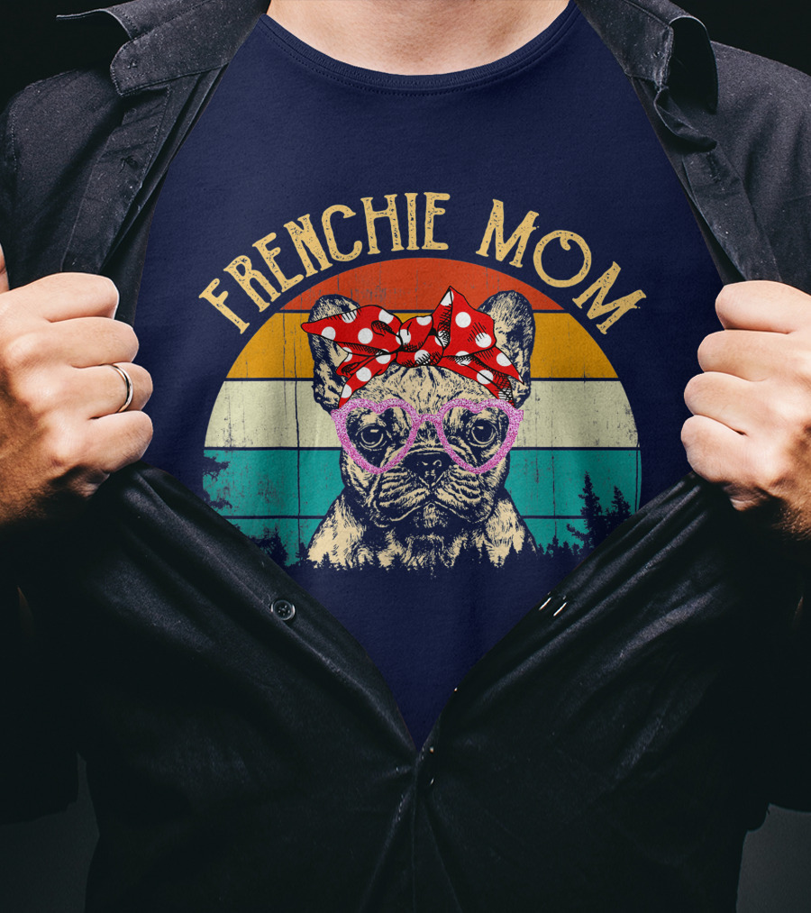 Frenchie Mom Retro Sunset Heart Glasses Bow T-Shirt