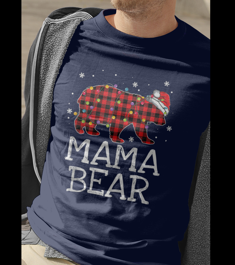 Mama Bear Red Plaid Christmas Lights Santa Hat Snowflakes T-Shirt