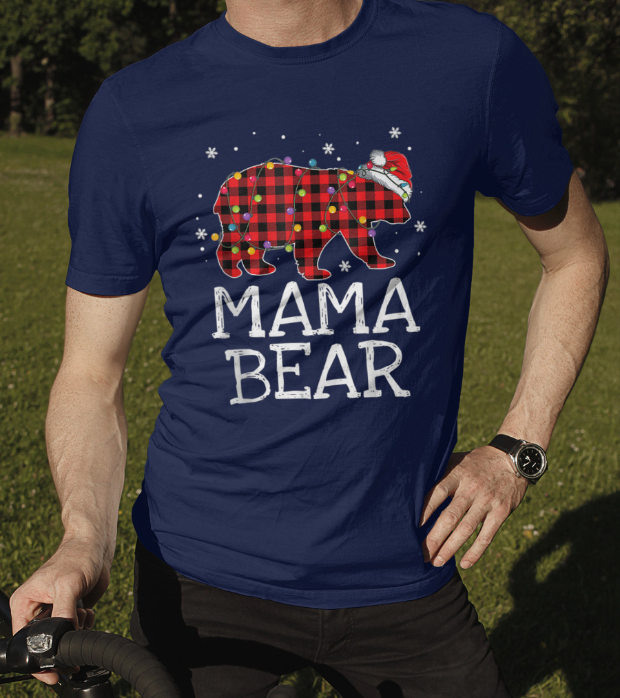 Mama Bear Red Plaid Christmas Lights Santa Hat Snowflakes T-Shirt