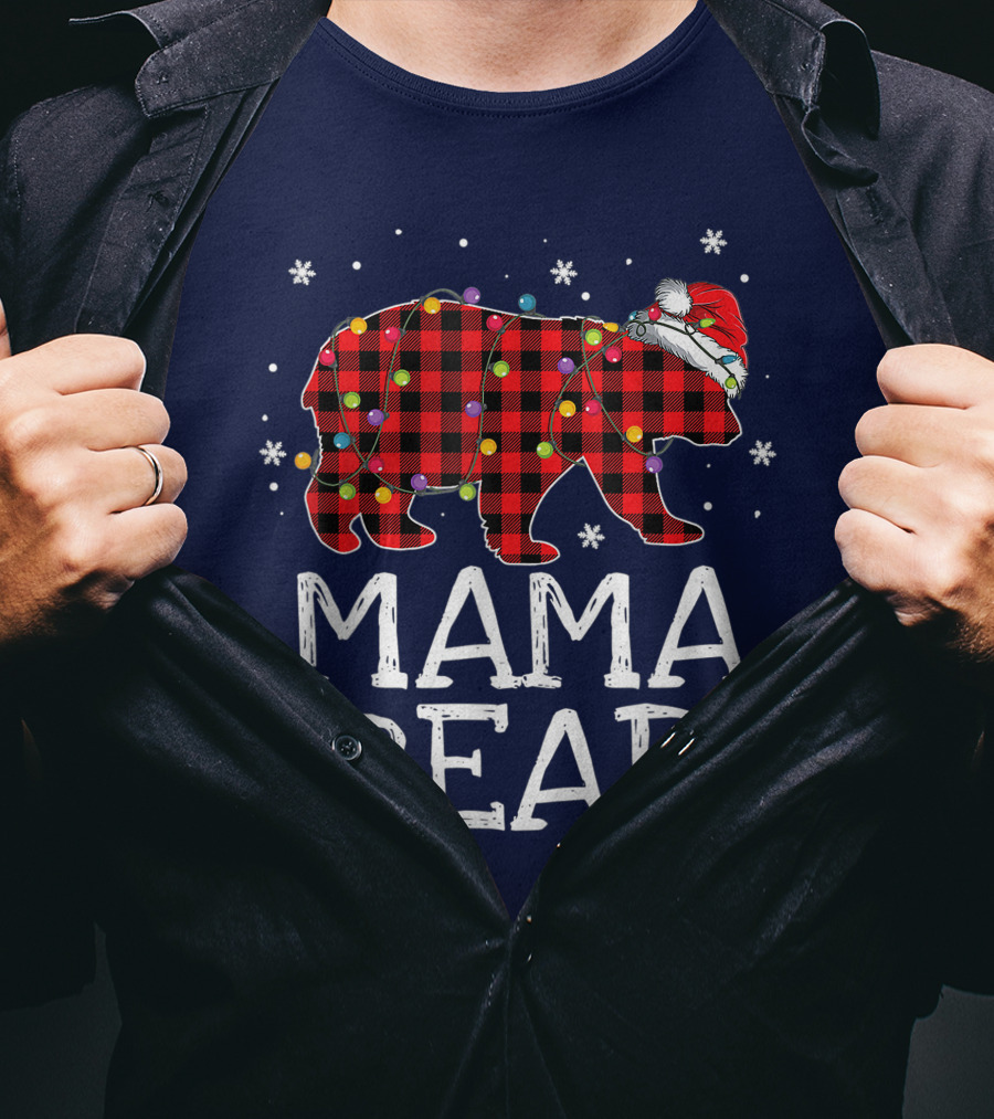 Mama Bear Red Plaid Christmas Lights Santa Hat Snowflakes T-Shirt