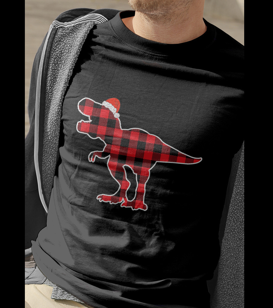 Red Plaid Dinosaur Wearing Santa Hat T-Shirt