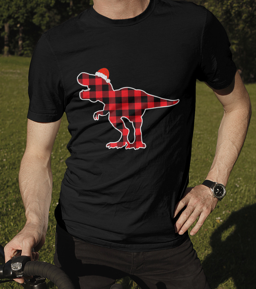 Red Plaid Dinosaur Wearing Santa Hat T-Shirt