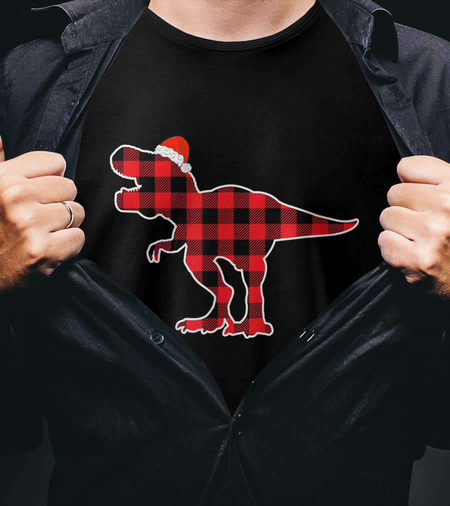 Red Plaid Dinosaur Wearing Santa Hat T-Shirt