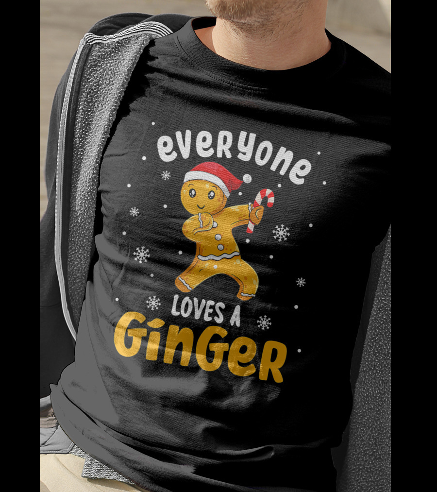 Everyone Loves A Ginger Christmas Gingerbread Man With Santa Hat And Candy Cane T-Shirt