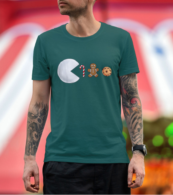 Premium T-Shirt: Christmas Snowball Candy Cane Gingerbread Cookie Pac-Man T-Shirt Christmas Snowball Candy Cane Gingerbread Cookie Pac-Man T-Shirt