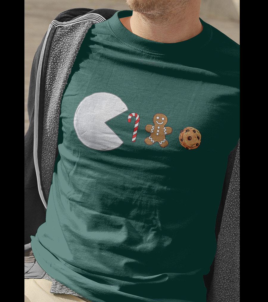 Christmas Snowball Candy Cane Gingerbread Cookie Pac-Man T-Shirt