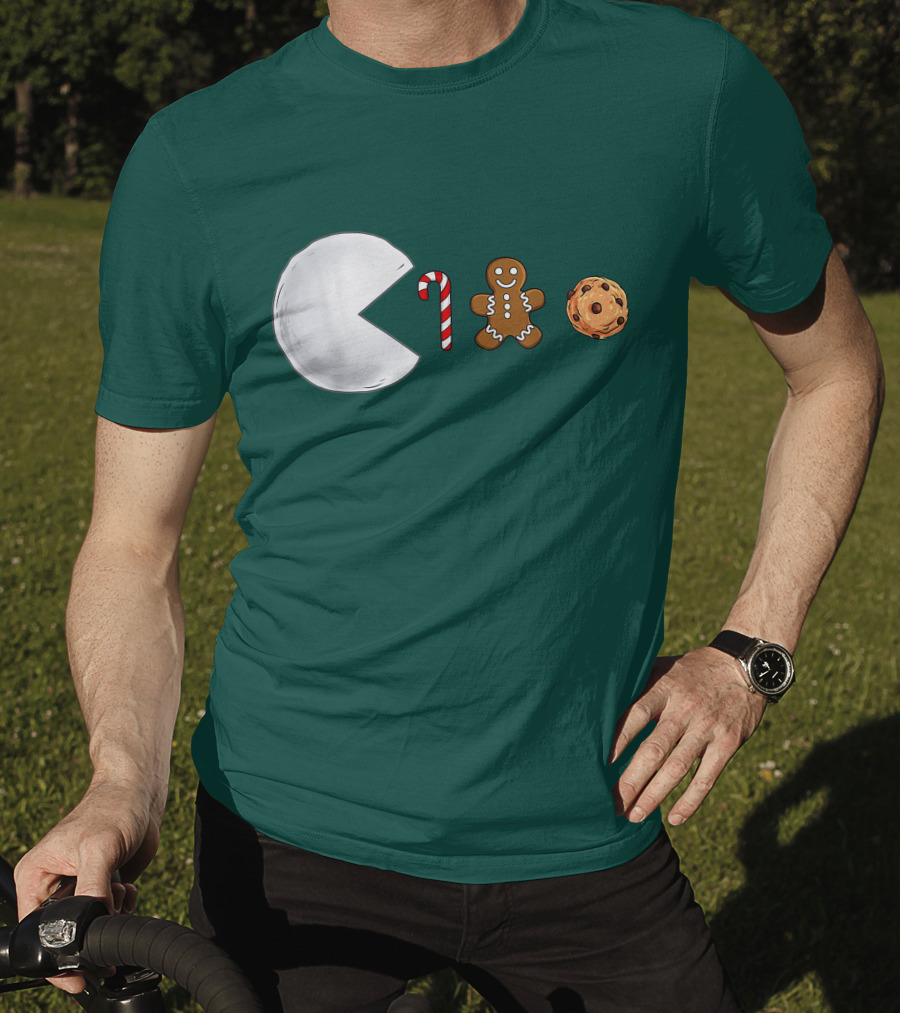 Christmas Snowball Candy Cane Gingerbread Cookie Pac-Man T-Shirt