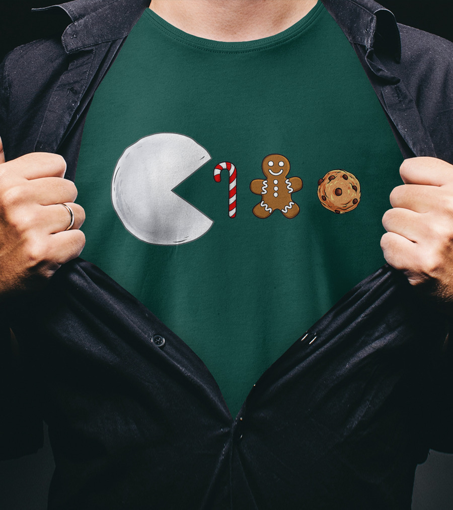 Christmas Snowball Candy Cane Gingerbread Cookie Pac-Man T-Shirt