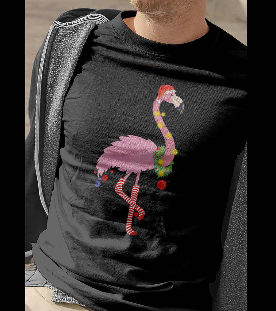 Flamingo Christmas Santa Hat Candy Cane Leggings T-Shirt