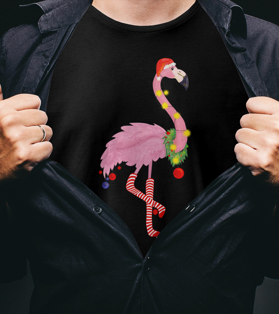 Flamingo Christmas Santa Hat Candy Cane Leggings T-Shirt