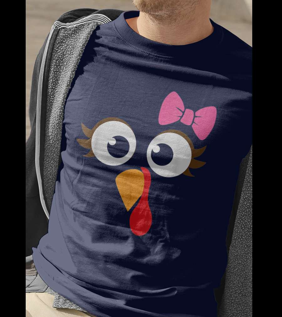 Turkey Face Girl Pink Bow Cute Thanksgiving T-Shirt