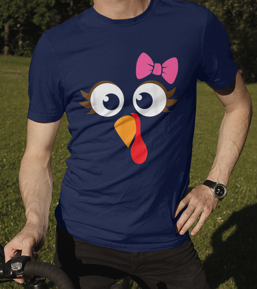 Turkey Face Girl Pink Bow Cute Thanksgiving T-Shirt