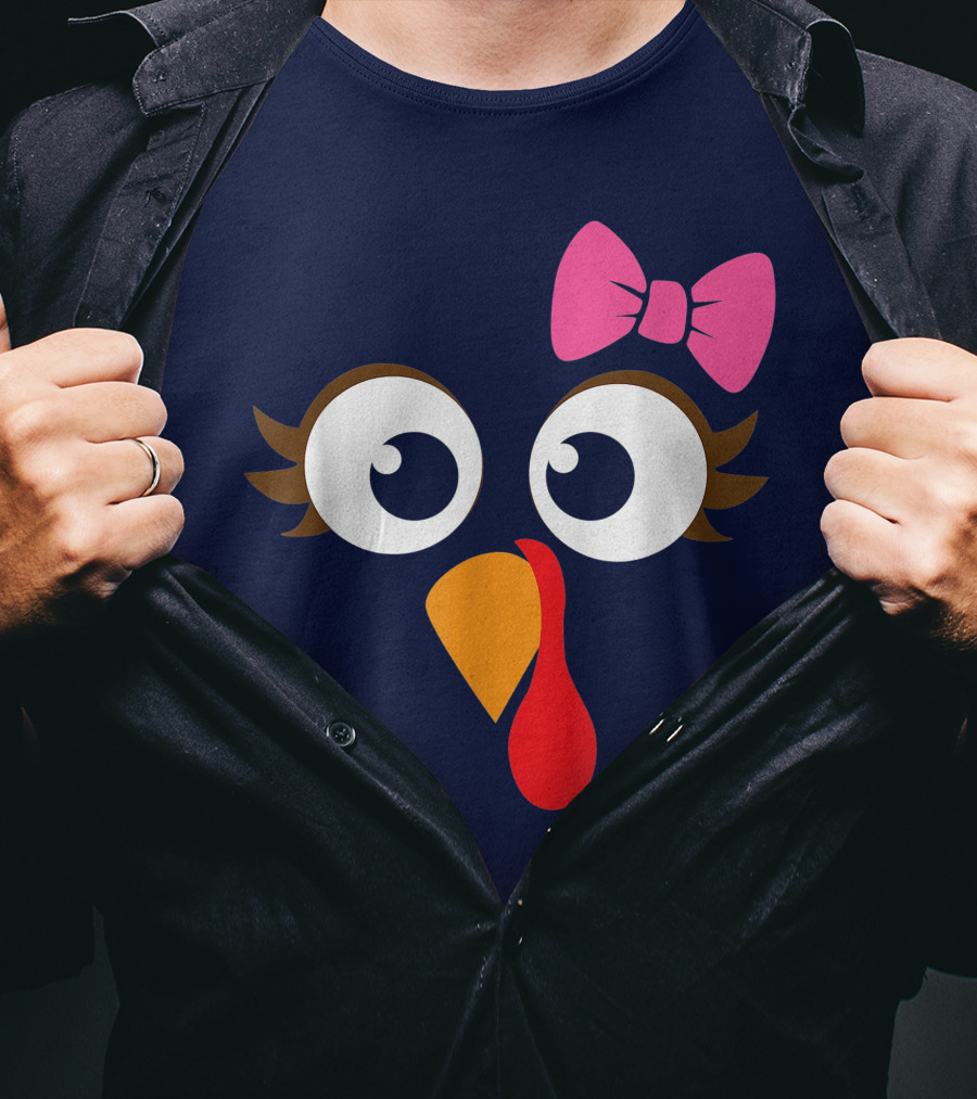 Turkey Face Girl Pink Bow Cute Thanksgiving T-Shirt
