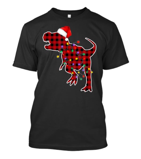 Red Plaid T-Rex Dinosaur With Santa Hat And Christmas Lights T-Shirt