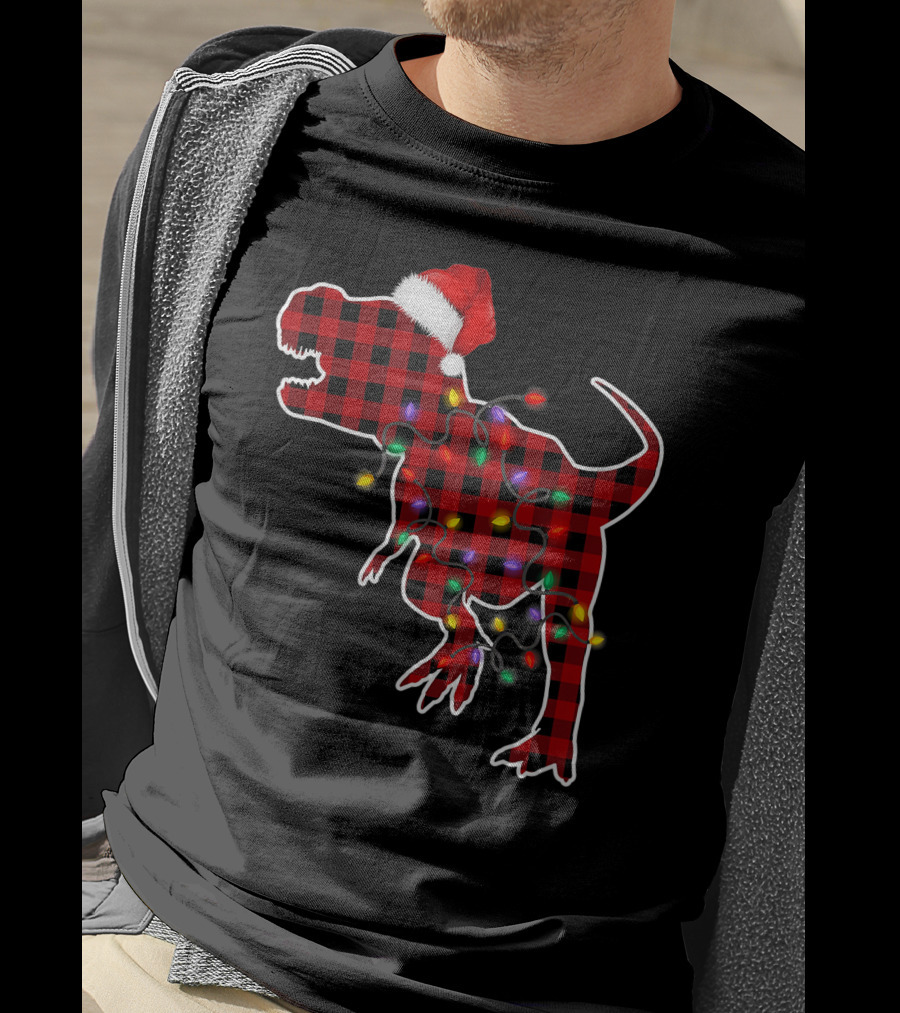 Red Plaid T-Rex Dinosaur With Santa Hat And Christmas Lights T-Shirt