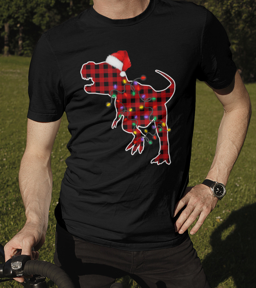 Red Plaid T-Rex Dinosaur With Santa Hat And Christmas Lights T-Shirt
