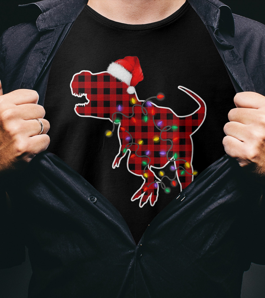 Red Plaid T-Rex Dinosaur With Santa Hat And Christmas Lights T-Shirt