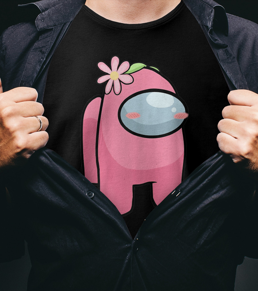 Cute Pink Among Us Sus Character With Flower T-Shirt