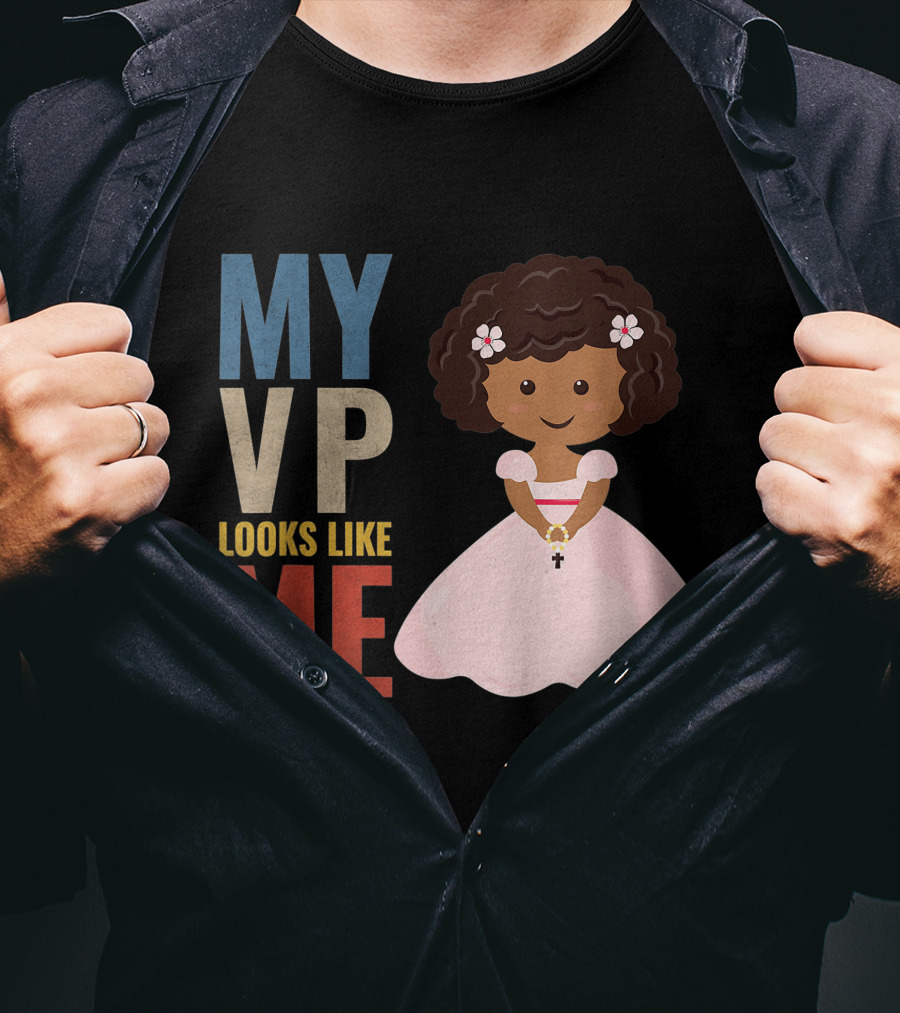 MY VP Looks Like Me Pink Dress Girl Holding Cross T-Shirt